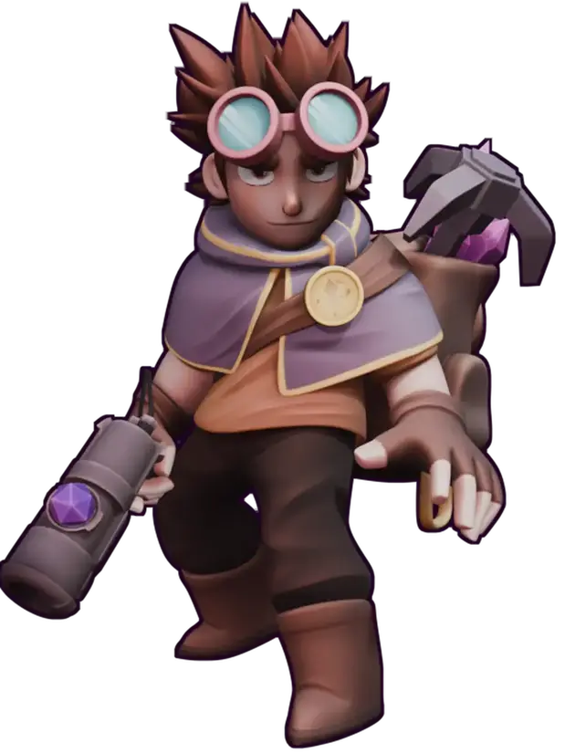 Arin, a young miner with goggles holding a crystal cannon
